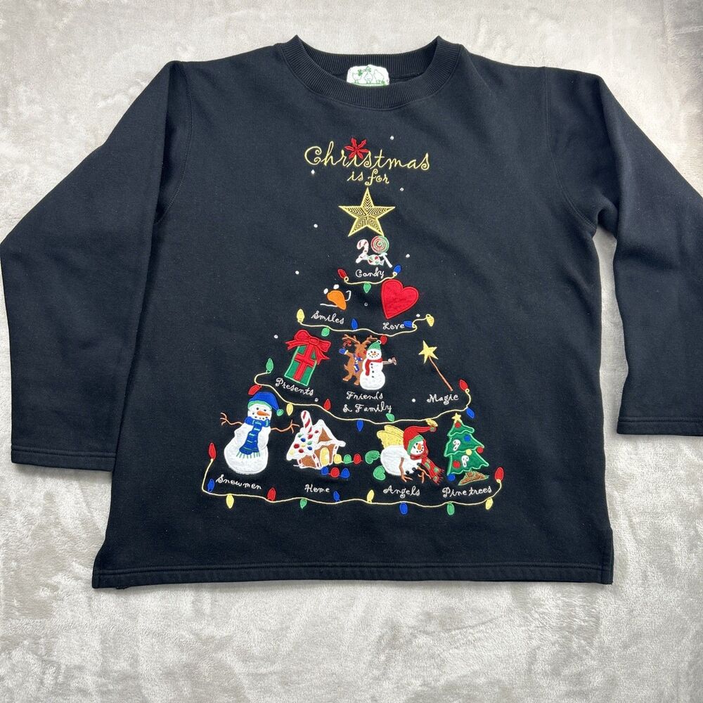 Quaker Factory Sweatshirt Womens Large Black Snowman Christmas Tree Embroidery - Picture 1 of 6
